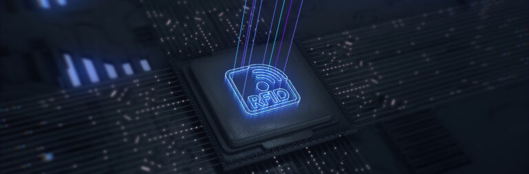 RFID Wireless Radio Frequency Identification.Digital futuristic logo.Advanced Technology Concept Visualization: Circuit Board CPU Processor Microchip Starting Artificial Intelligence Digitalization of Neural Networking and Cloud Computing data.