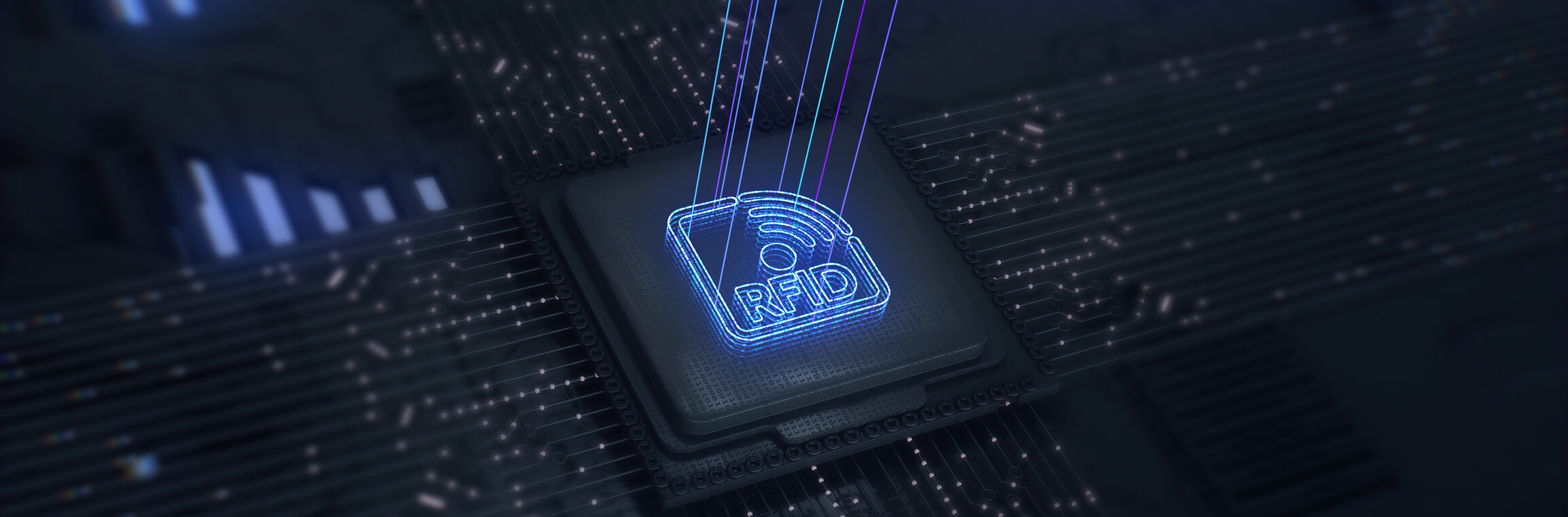 RFID Wireless Radio Frequency Identification.Digital futuristic logo.Advanced Technology Concept Visualization: Circuit Board CPU Processor Microchip Starting Artificial Intelligence Digitalization of Neural Networking and Cloud Computing data.